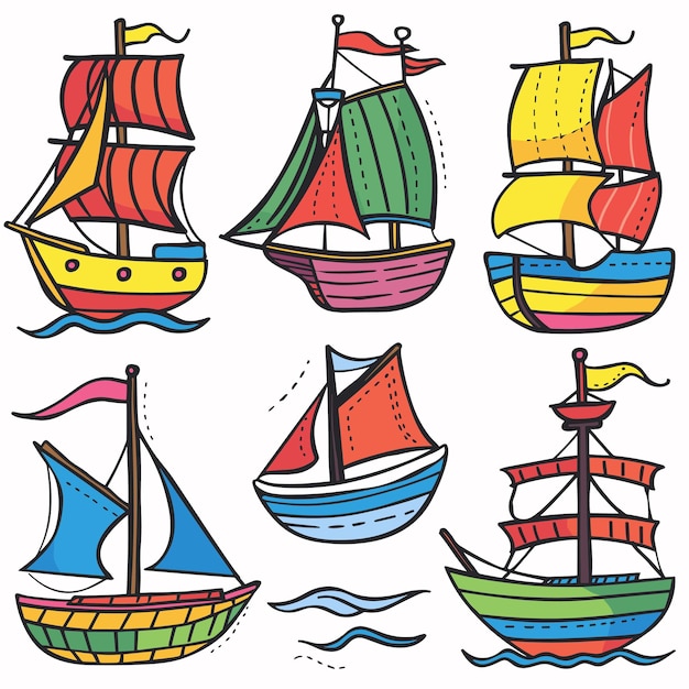 Vector colorful sailing ships doodle set handdrawn style white background cartoon illustrations various