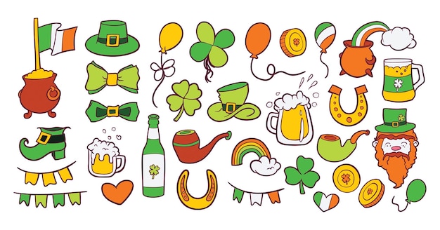 Colorful Saint Patrick's day celebration themed vector drawings and elements illustrations.