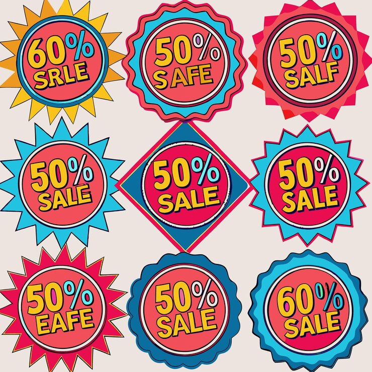 वेक्टर colorful sale badges with 50 and 60 discounts