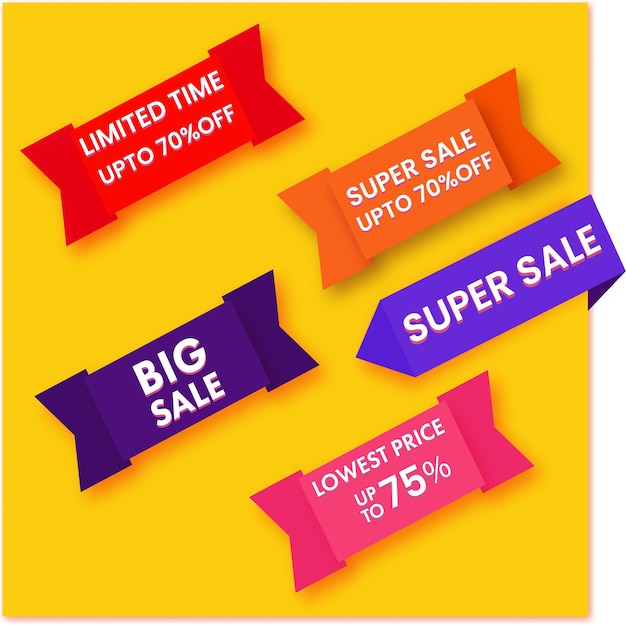 Colorful Sales Ribbons Collection With Discount Offers On Yellow Background.