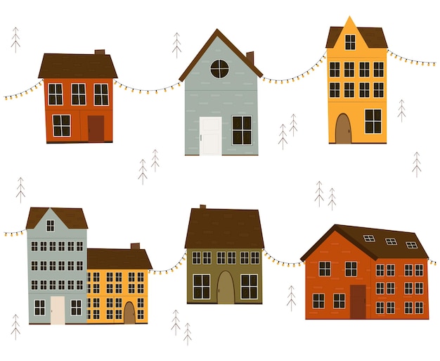 Colorful scandinavian houses with garlands and Christmas trees on a white background