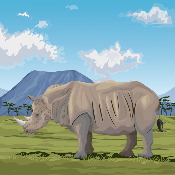 Vector colorful scene african landscape with rhino standing