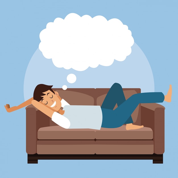 Vector colorful scene man sleep with in sofa with cloud callout