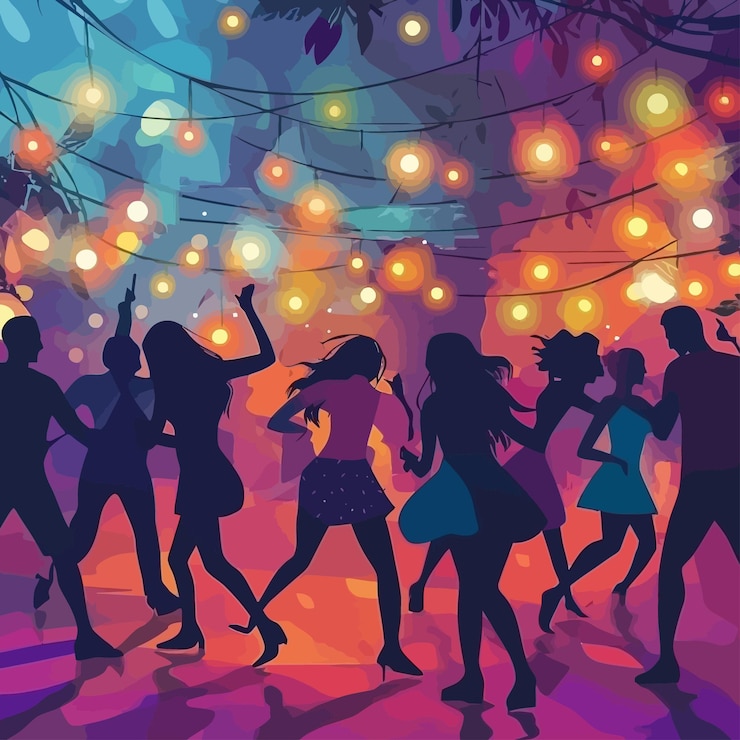 Vector a colorful scene with a group of women dancing in front of a colorful background