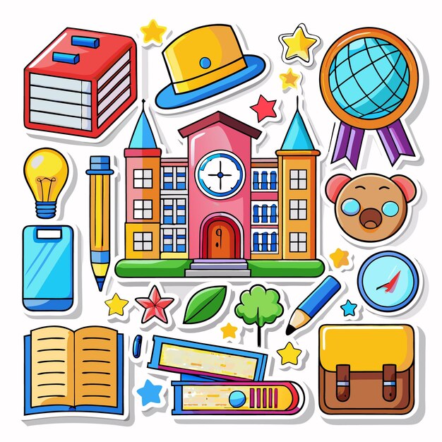 Vector colorful school building and supplies stickers