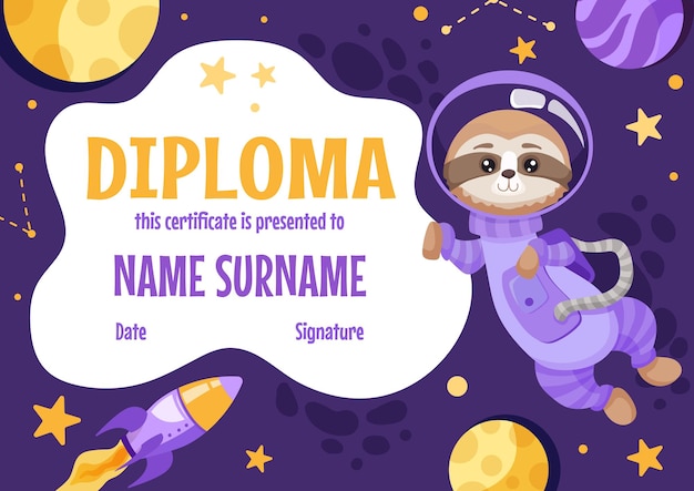 Certificato di diploma scolastico e prescolare colorato per bambini e bambini della scuola materna o elementare con simpatici animali illustrazione di cartoni animati vettoriali