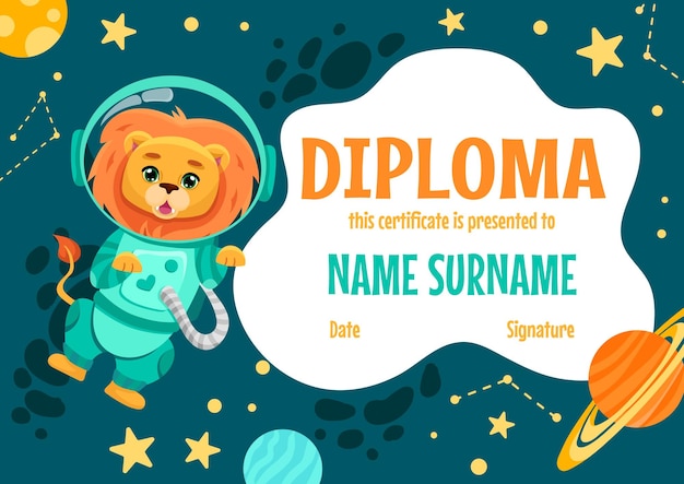 Colorful school and preschool diploma certificate for kids and children in kindergarten or primary grades with cute animals vector cartoon illustration