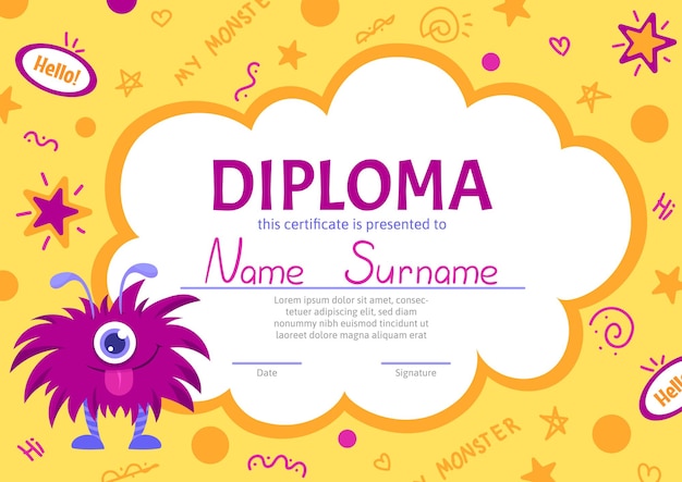 Colorful school and preschool diploma certificate for kids and children in kindergarten