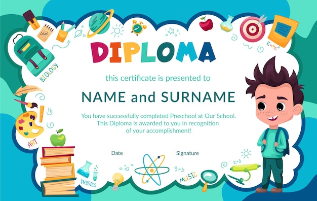 Vector colorful school and preschool diploma certificate for kids and in kindergarten primary grades