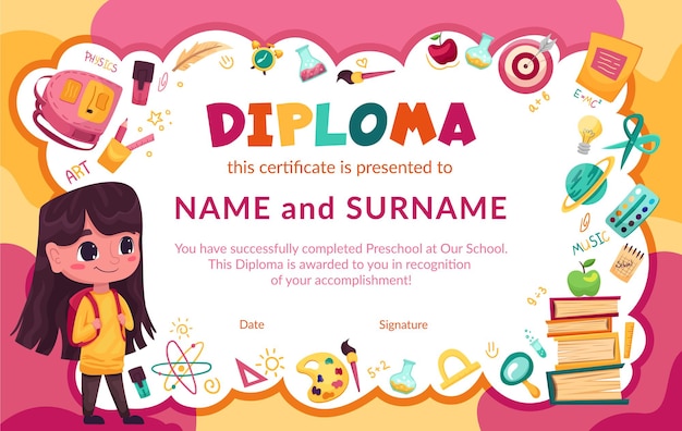 Colorful school and preschool diploma certificate for kids and in kindergarten primary grades