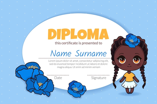 Colorful school and preschool diploma certificate for kids in kindergarten or primary grades