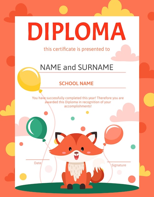 Certificato di diploma scolastico e prescolare colorato con volpe carina per bambini e bambini all'asilo