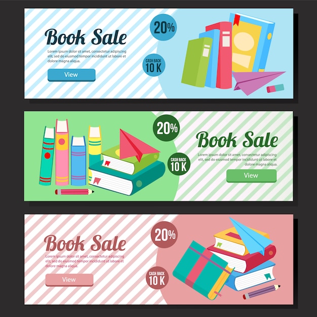 Vector colorful school sale banner web set book sale