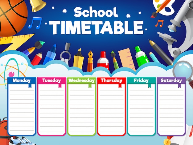 Colorful school timetable, weekly schedule with supplies and student items