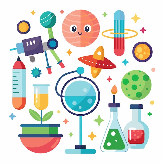 Vector colorful science illustration with planets test tubes and rockets