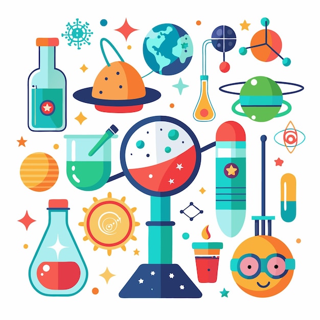 Vector colorful science illustration with space and chemistry elements