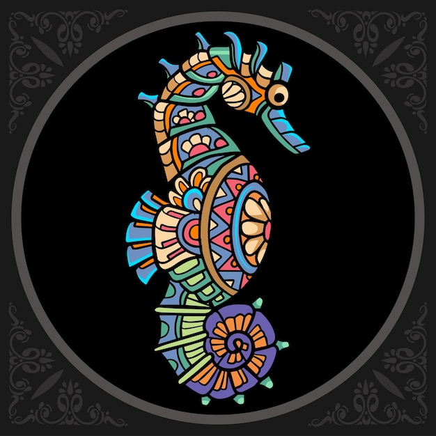 Colorful sea horse zentangle arts isolated on black background