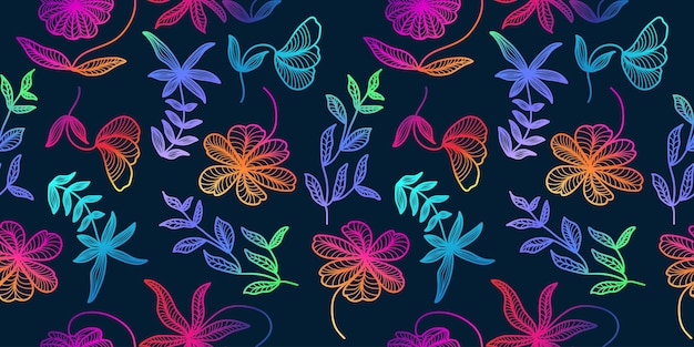 Colorful Seamless Floral Pattern with Gradient Style Hand Drawn Flower Motif for Fashion Wallpaper Wrapping Paper Background Fabric Textile Apparel and Card Design