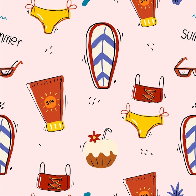Colorful seamless hand drawn summer pattern with surf coconutbikinisun block and sunglasses