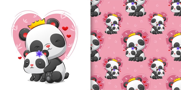 Красочные бесшовные милой панды, обнимающей своего ребенка, полного любви иллюстрации