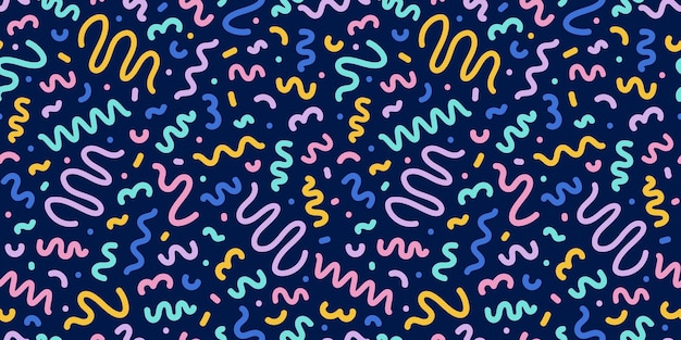 Colorful seamless pattern of the 80s 90s with geometric figures and doodles Vector childrens