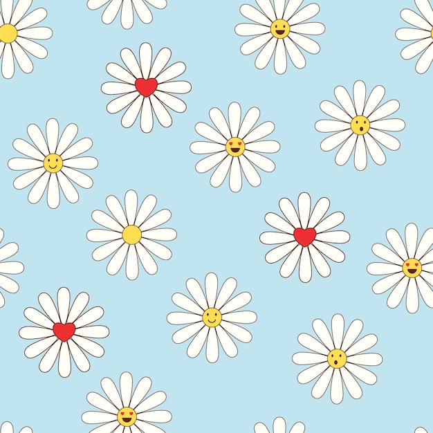 カモミルの花の笑顔でグルービーと楽しいベクトルプリント カートゥーンスタイル レトロとヒッピー美学 愛と平和
