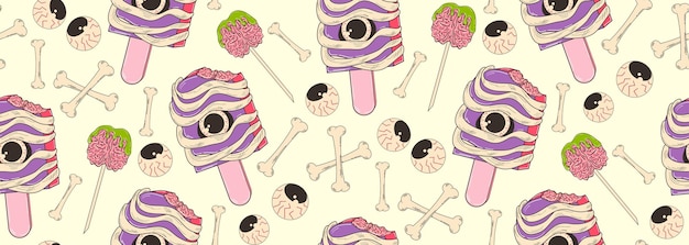 Colorful seamless pattern on the Halloween theme Ice cream with an eye wrapped in a bandage bones