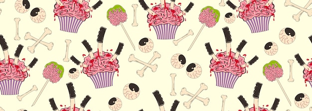 Colorful seamless pattern on the Halloween theme Pie with brain and knives bones eyes Retro