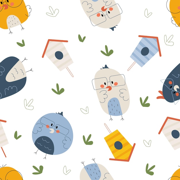 Vector colorful seamless pattern with birds and birdhouses