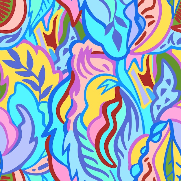 Colorful seamless pattern with chaotic floral and psychedelic abstract elements Vector illustration