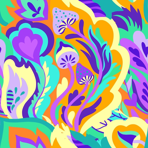 Colorful seamless pattern with chaotic floral and psychedelic abstract elements Vector illustration