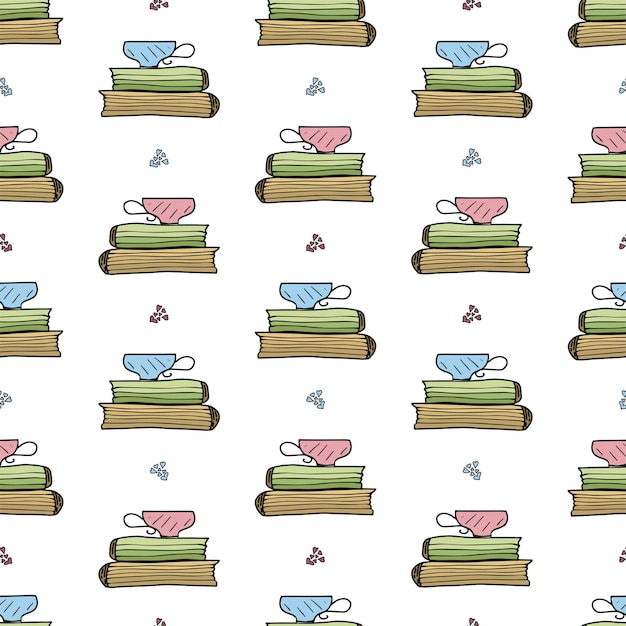 Colorful seamless pattern with cute blue and pink cups on a stack of books with heart shapes