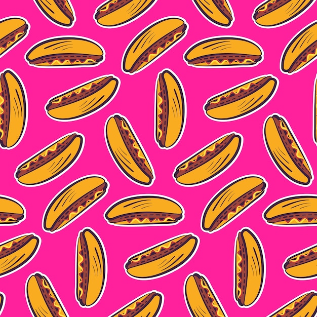 Modello senza cuciture colorato con simpatici adesivi per hot dog americani dei cartoni animati su sfondo rosa brillante