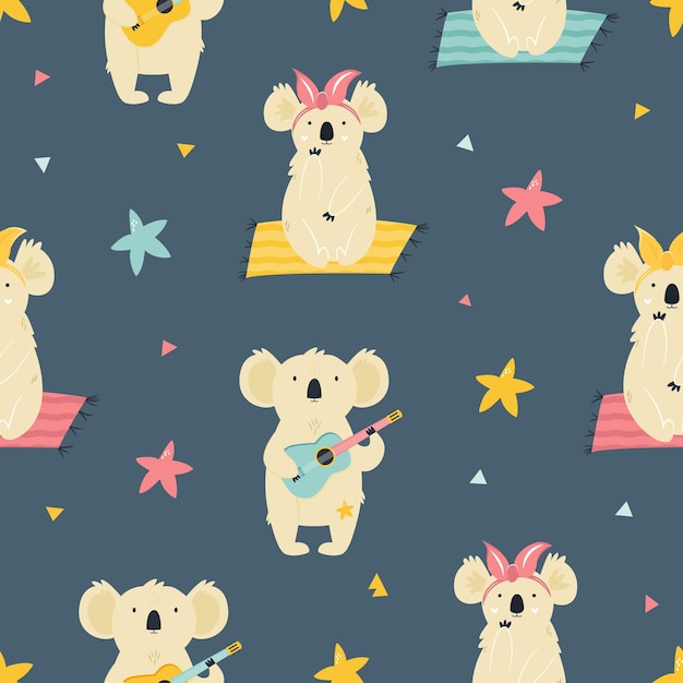 Modello senza cuciture colorato con simpatici koala. design luminoso per l'abbigliamento. biglietti di auguri, scatola regalo, carta da regalo