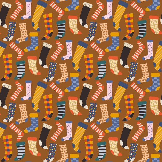 Colorful seamless pattern with different doodle socks on a brown background