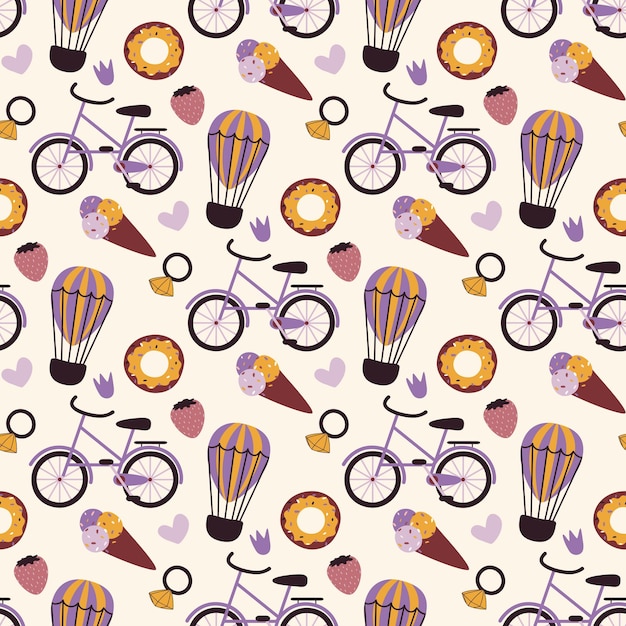 Modello senza cuciture colorato con doodle bike, mongolfiera, ciambella, gelato e altri elementi