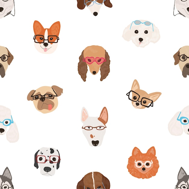 Красочный фон с лицами собак в очках или солнцезащитных очках на белом фоне. фон с умными щенками. современные декоративные векторные иллюстрации для текстильной печати, оберточной бумаги.
