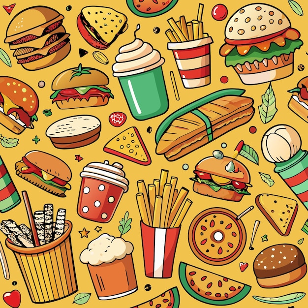 Colorful seamless pattern with fast food drinks and fruits on yellow background
