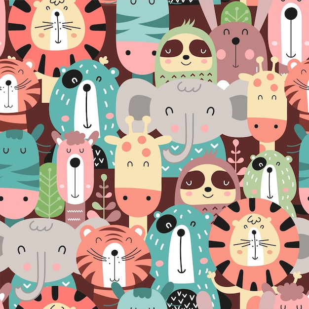 Colorful seamless pattern with funny jungle animals in scandinavian style