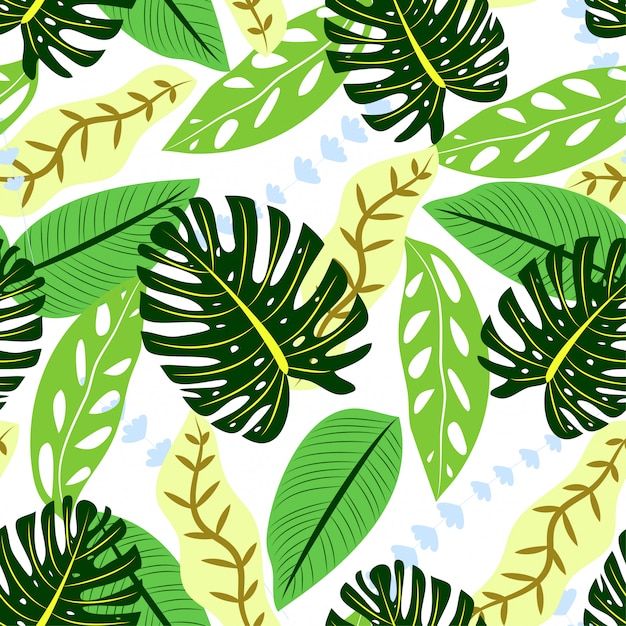 Colorful seamless pattern with green tropical leaves