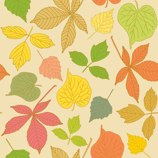 Colorful seamless pattern with handdrawn leaves