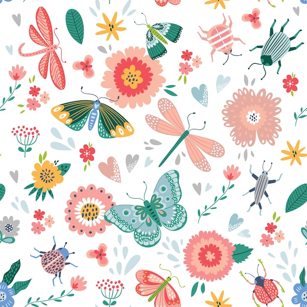 Colorful seamless pattern with insects and flowers.