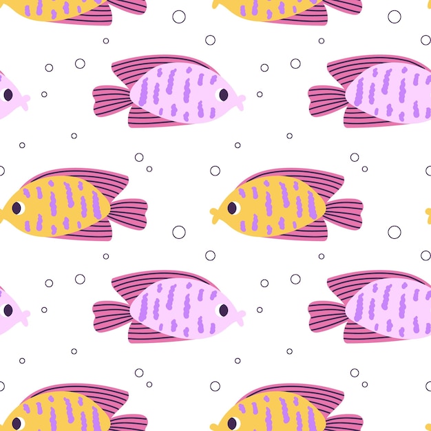 Colorful seamless pattern with ocean yellow pink fish and bubbles in flat hand drawn style