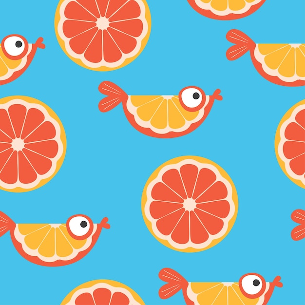 오렌지 조각과 귀여운 오렌지 물고기 벡터 일러스트와 함께 다채로운 원활한 패턴