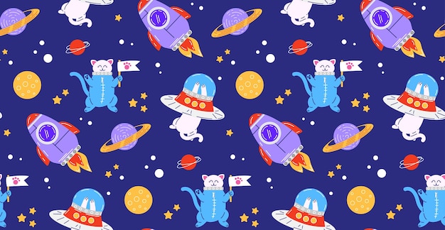 Colorful seamless pattern with pets Vector background with cute cats in space