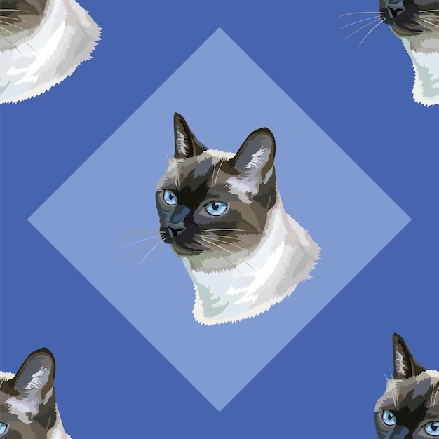 Modello senza cuciture colorato con ritratto di gatto tailandese, su sfondo blu, illustrazione vettoriale