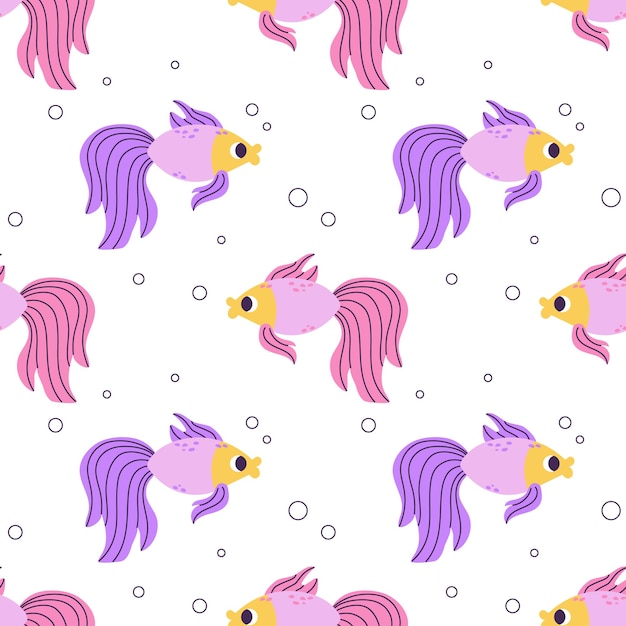 Colorful seamless pattern with purple pink goldfish and bubbles in flat hand drawn style