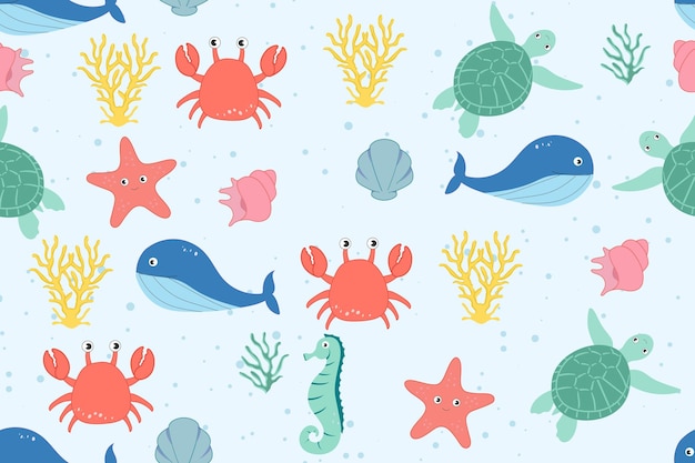 Colorful seamless pattern with sea animals Trendy pattern of seashells for wrapping paper