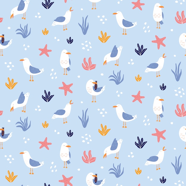 Colorful seamless pattern with seagulls.