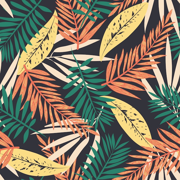 Colorful seamless pattern with tropical leaves